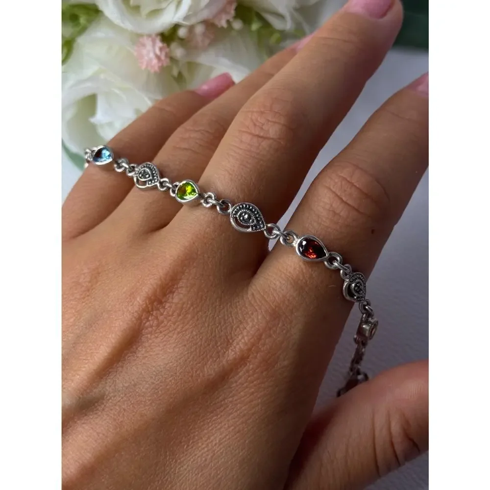 925 Sterling Silver Amethyst Citrine Garnet Peridot Topaz Bracelet Length 7.5 In